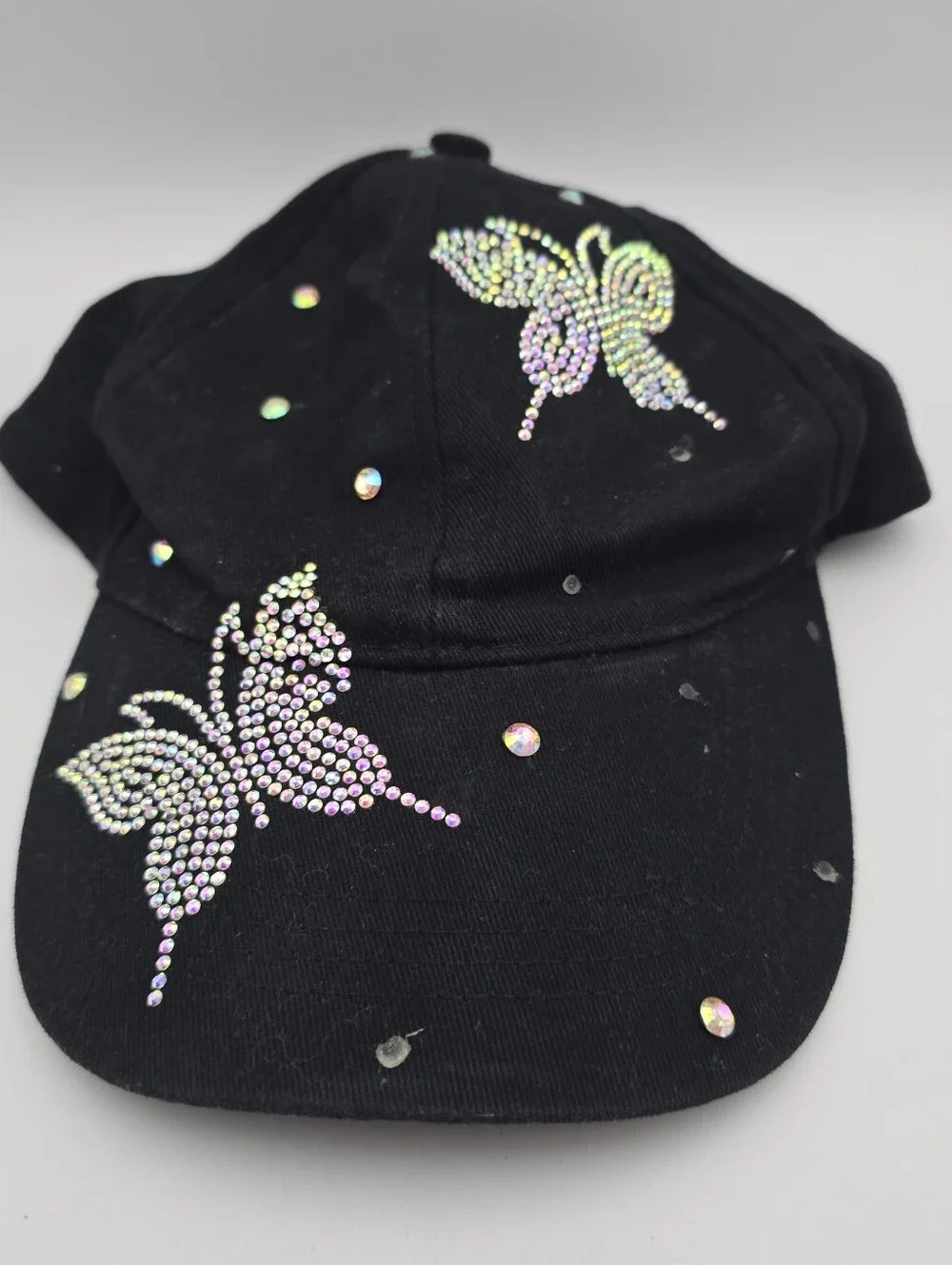 Women's Black Cotton Rhinestone Butterfly Adjustable Baseball Hat